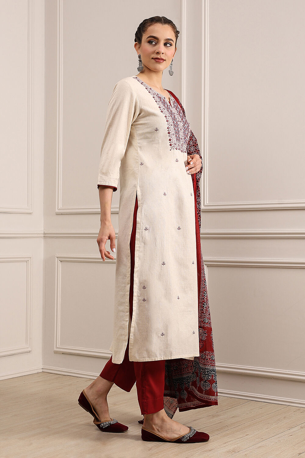 Beige Cotton Machine Embroidered Unstitched Suit Set image number 6