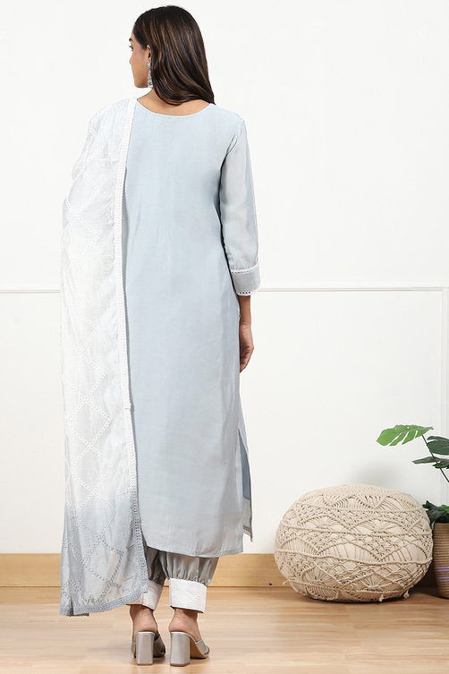 Grey Silk Blend Machine Embroidered Unstitched Suit Set image number 3