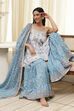 White and Blue Cotton Floral Flared Suit Set image number 0