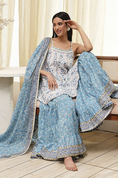 White and Blue Cotton Floral Flared Suit Set image number 0