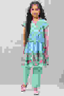 Turquoise Art Silk Straight Printed Kurta image number 0