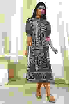 Black and Beige Cotton Printed Tiered Dress image number 5