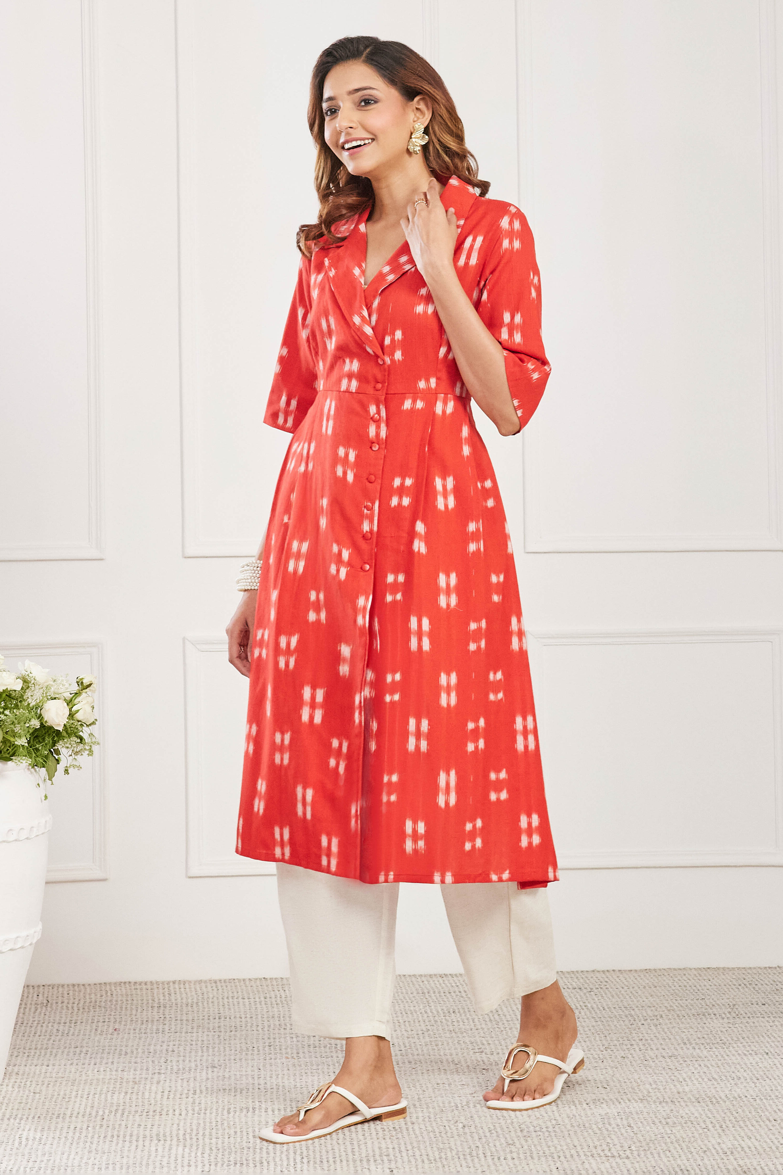 Red Cotton A Line Kurta image number 2