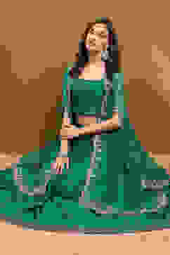 Green Silk Chanderi Festive Flared Lehenga Set image number 0