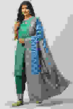 Peacock Green Art Silk Straight Kurta Salwar Suit Set image number 5