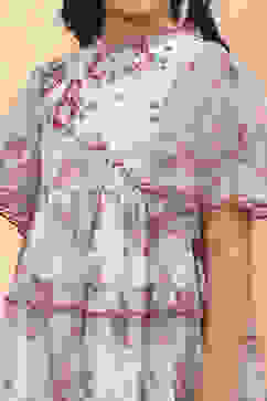 Beige Dobby Net Floral Ruffled Flared Tiered Dress image number 1