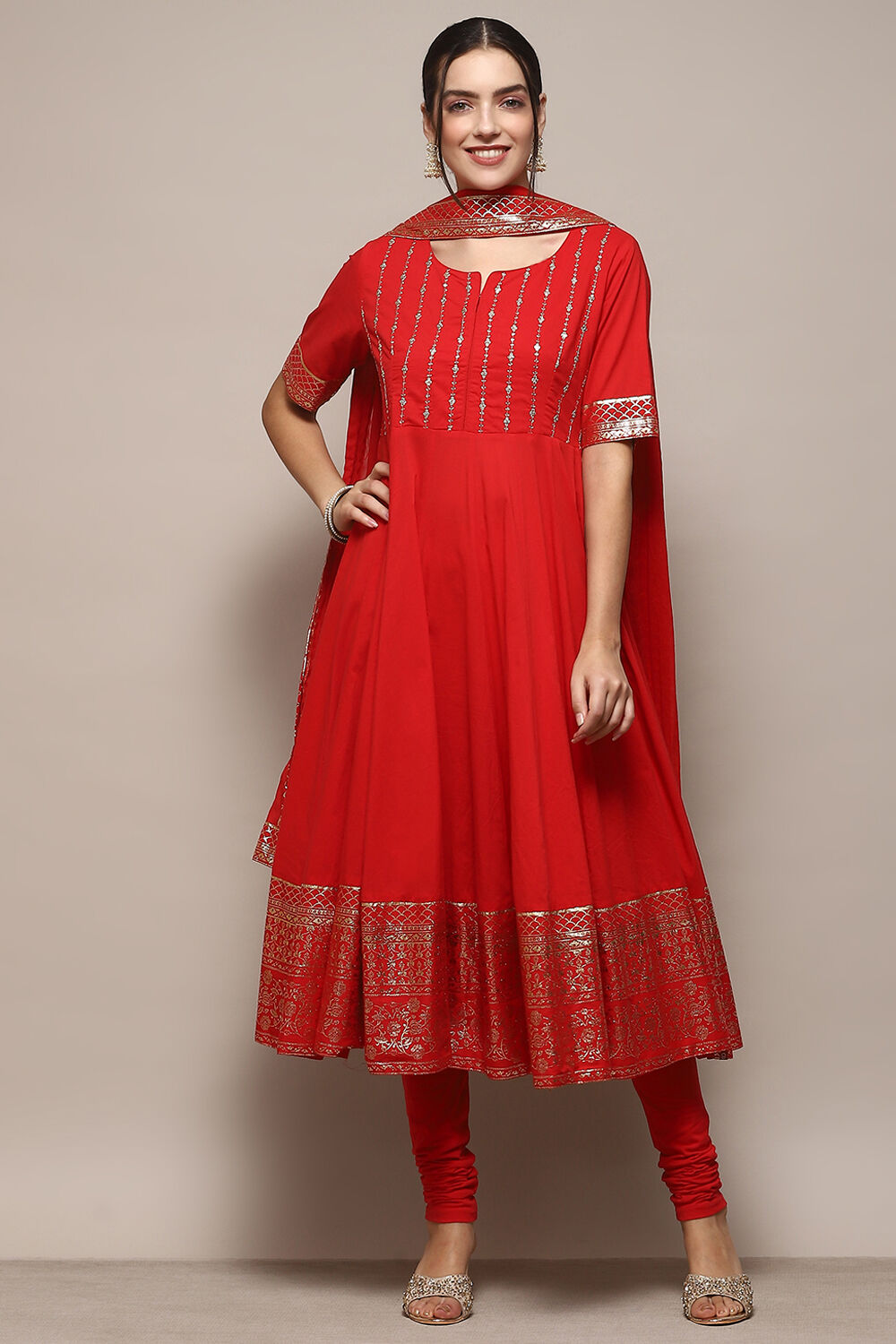 Red Cambric Anarkali Kurta Churidar Suit Set image number 7