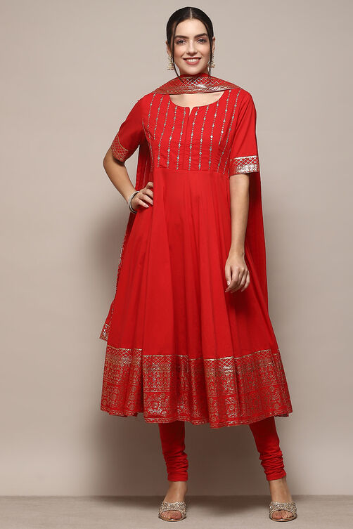 Red Cambric Anarkali Kurta Churidar Suit Set image number 7