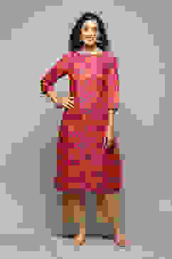 Fuchsia Cotton Straight Printed Kurta image number 5