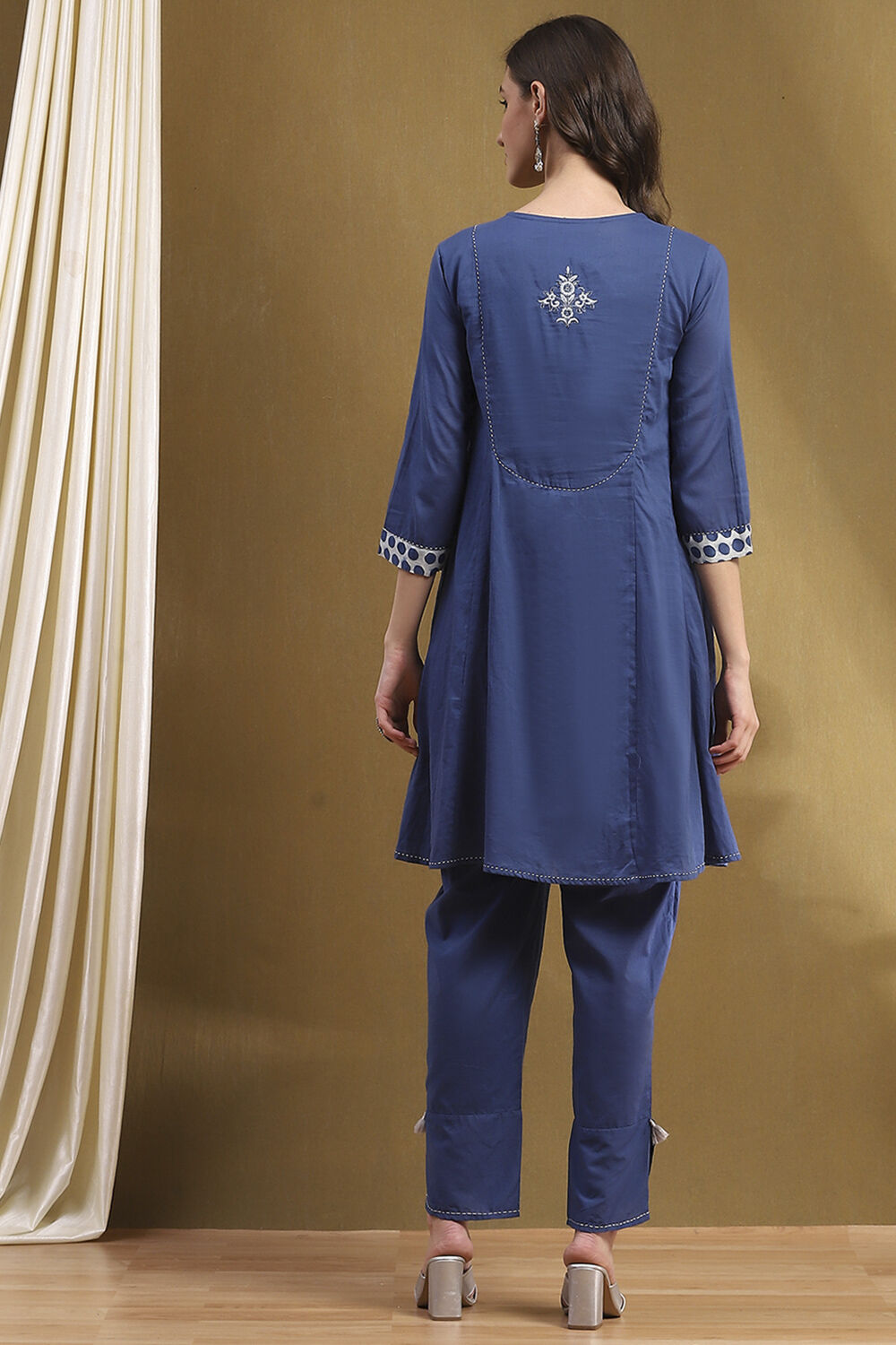Indigo Cotton Printed Gathered Kurta Set image number 4