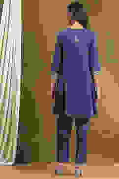 Indigo Cotton Printed Gathered Kurta Set image number 4