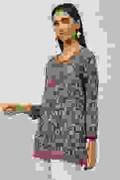 Grey Art Silk Straight Printed Kurti image number 2