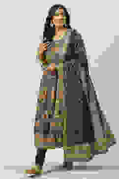 Peacock Blue Cotton Anarkali Kurta Churidar Suit Set image number 0