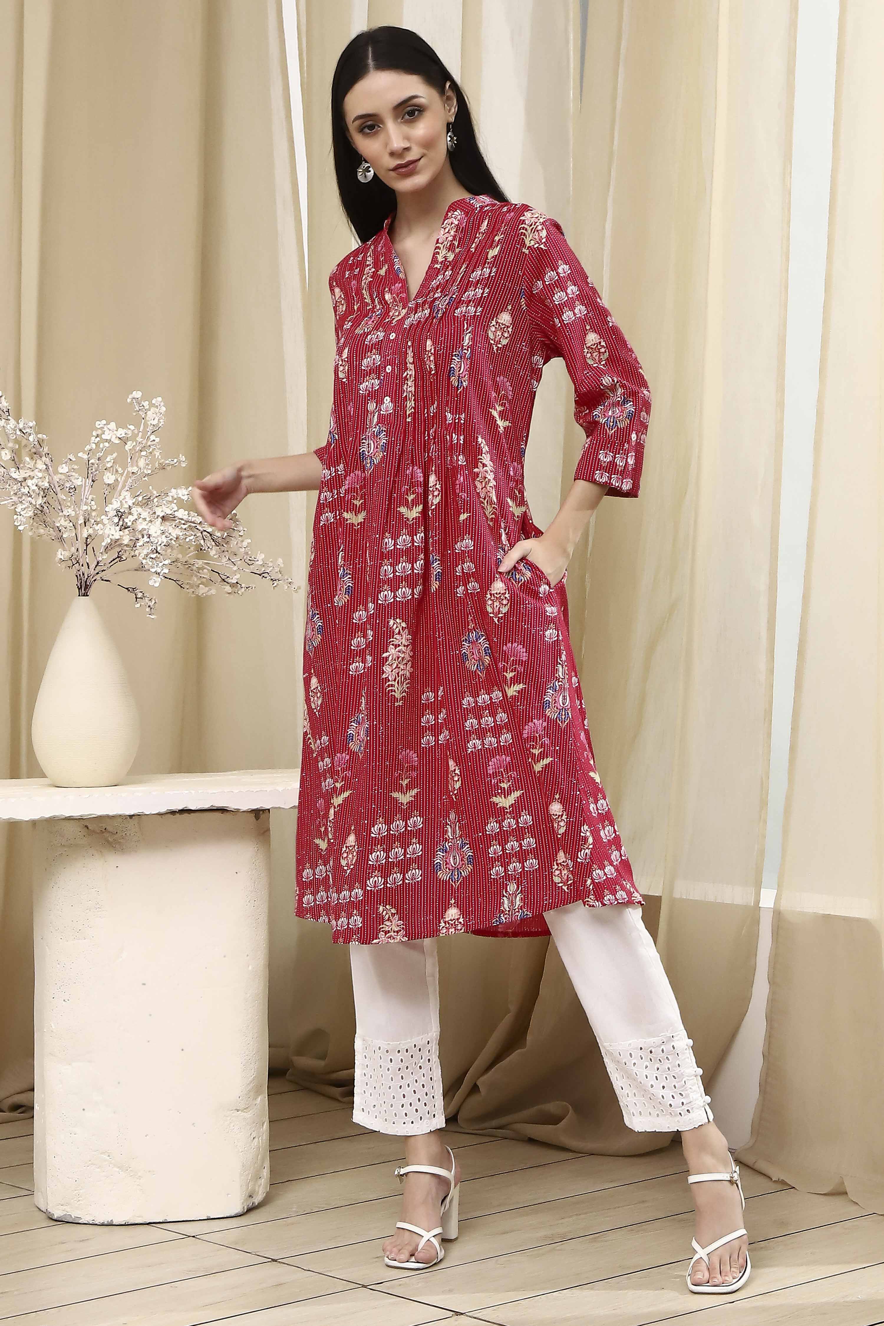 Pink Cotton Printed A-Line Kurta image number 5