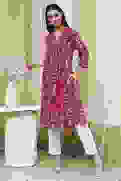 Pink Cotton Printed A-Line Kurta image number 5