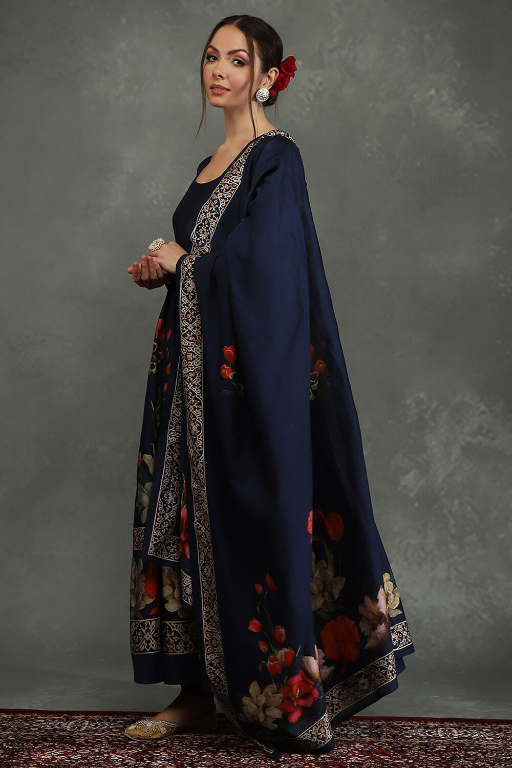 Rohit Bal Navy Blue Silk Chanderi Floral Anarkali Suit Set image number 2