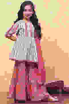 Aqua and Coral Pure Cotton Printed Peplum Suit Set image number 6