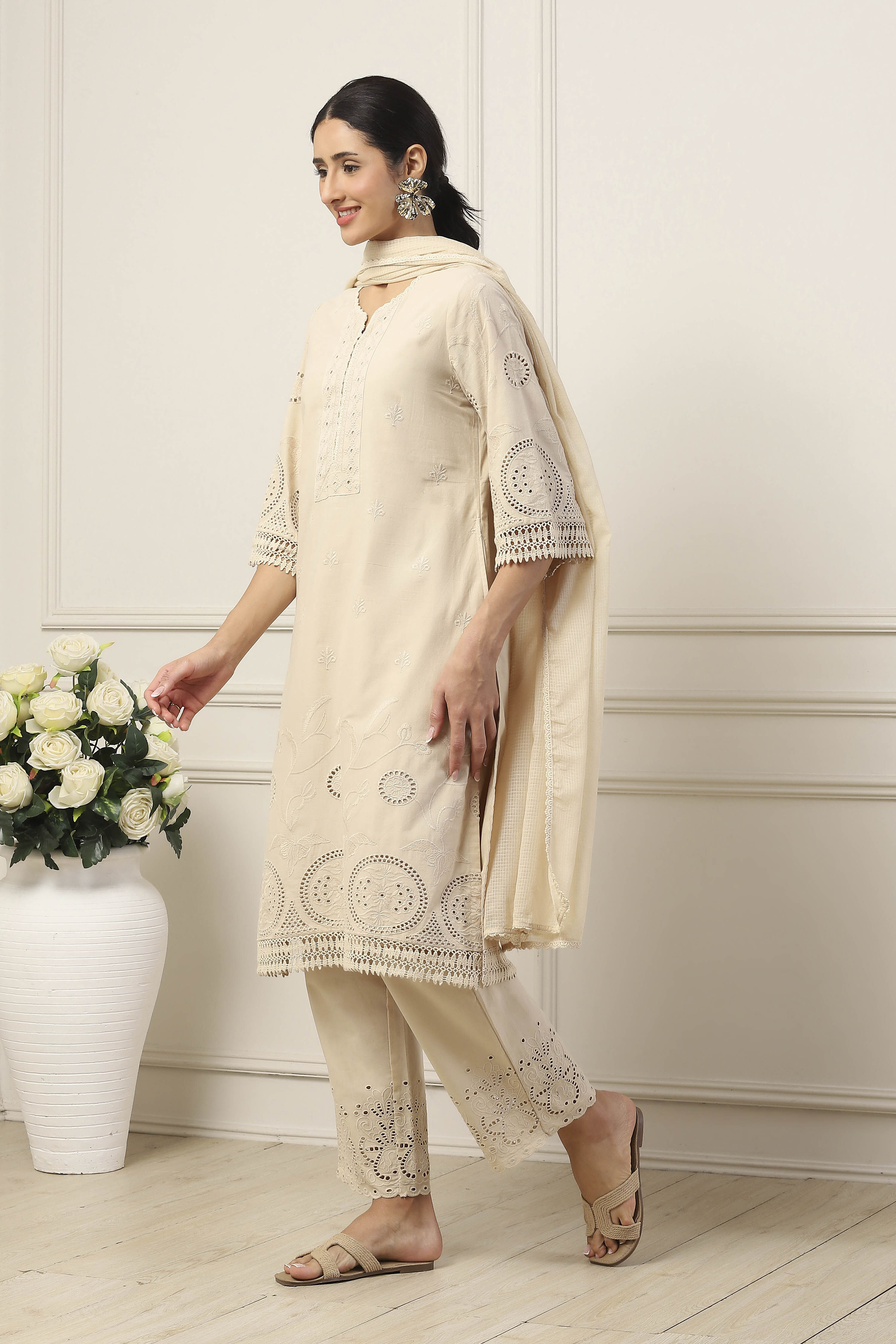 Beige Cotton All-Over Floral Straight Suit Set image number 3