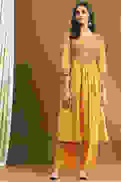 Mustard Yellow Cotton Printed Flared Festive Suit Set image number 7