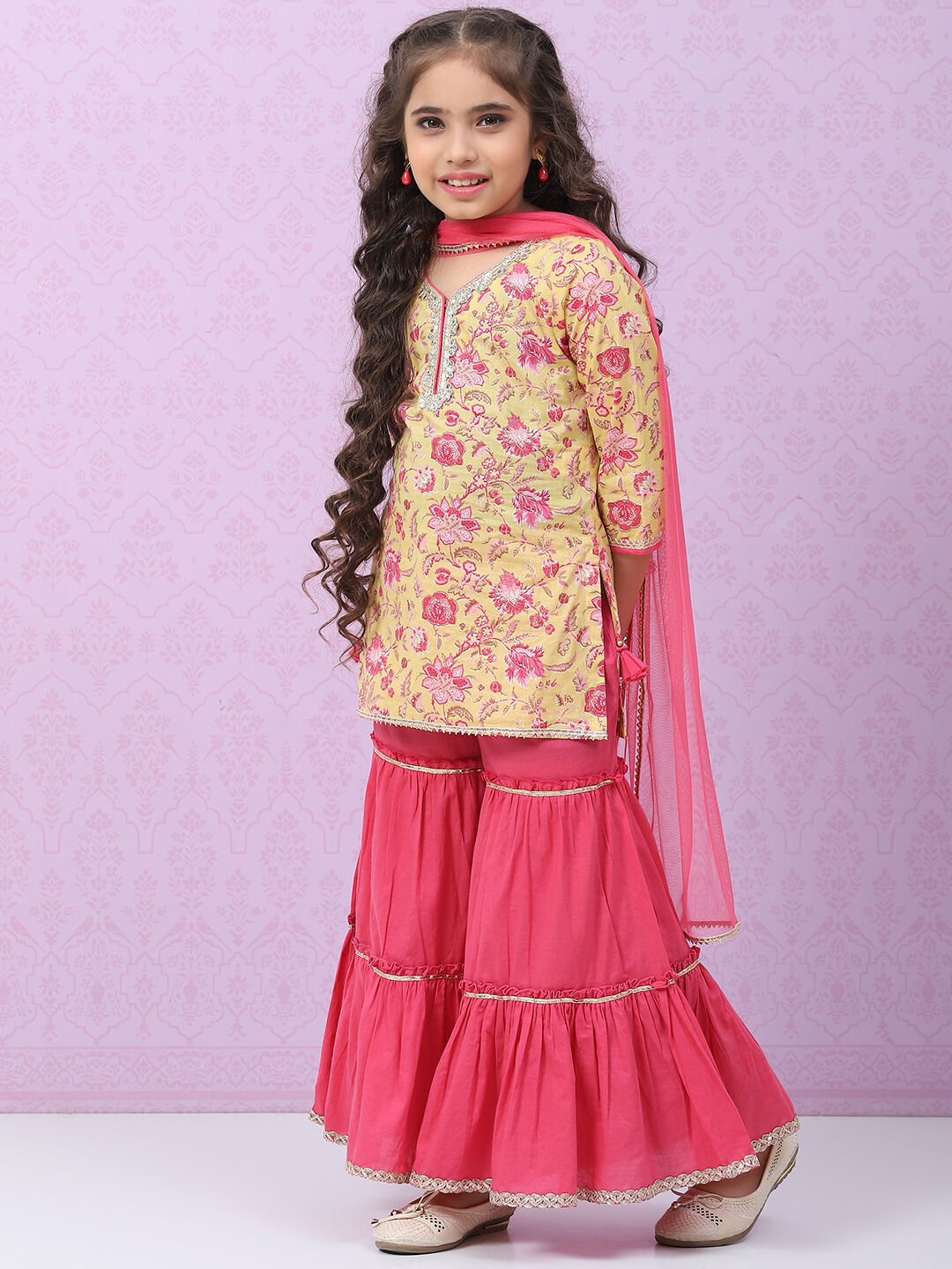 Yellow & Pink Cotton Lehenga Set image number 5