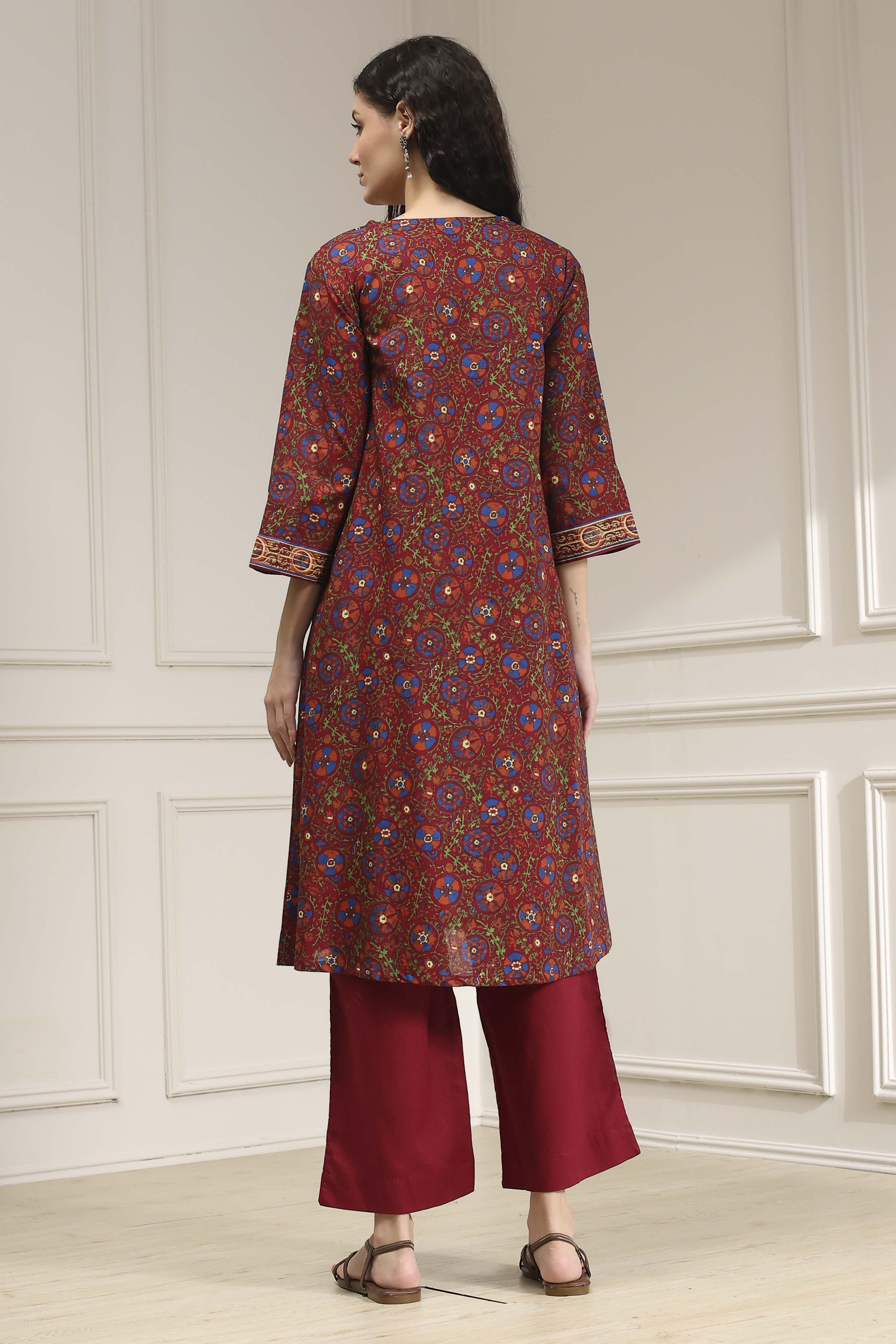 Rust and Blue Cotton Printed A-Line Suit Set image number 4