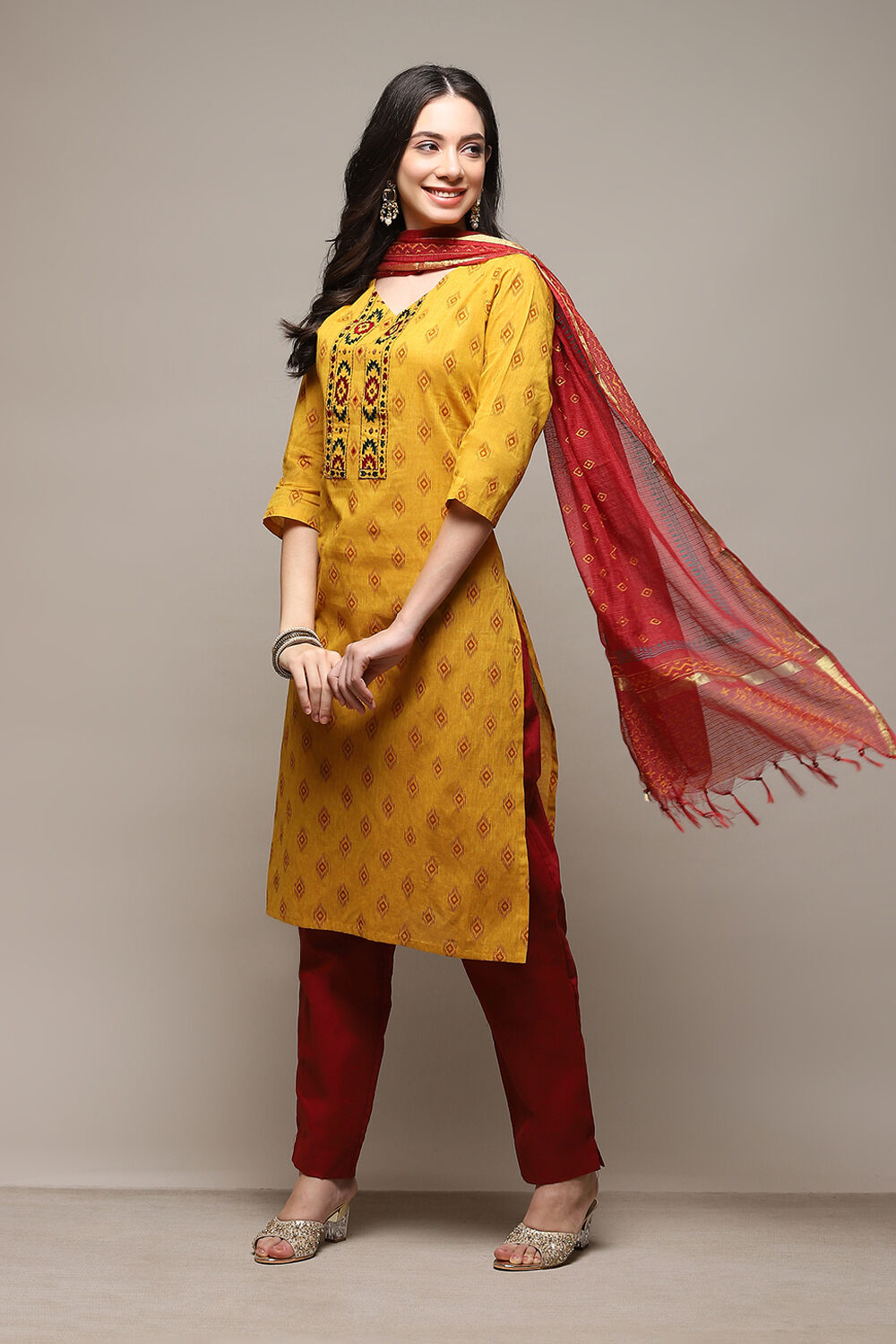 Yellow Cotton Hand Block Print Unstitched Suit Set image number 1