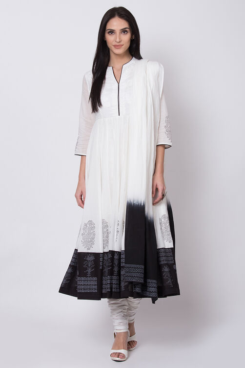 Off White And Black Cotton Anarkali Kurta Churidar Suit Set image number 2