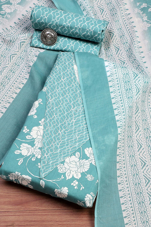 Rama Green Cotton Screen Print Unstitched Suit Set image number 0
