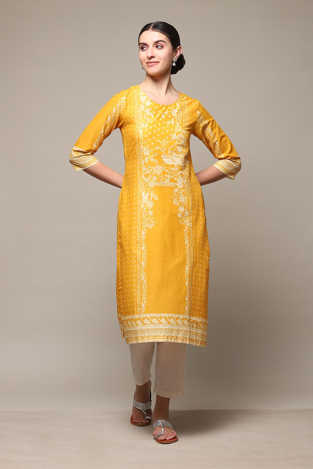 Yellow Cotton Straight Printed Kurta image number 0