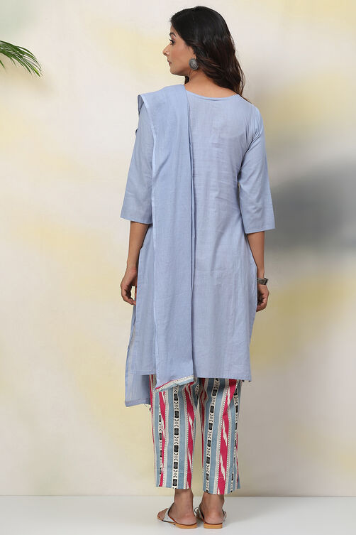 Blue Cotton Unstitched Dress Material Suit Set image number 4