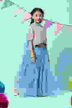 Pink & Blue Cotton Short Top Lehenga Set image number 6