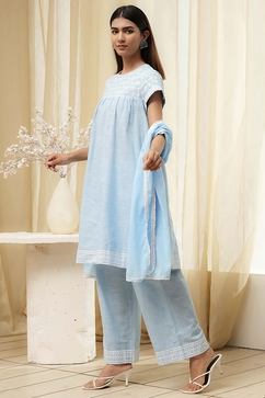 Light Blue Cotton Gathered Suit Set image number 3