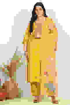 Yellow Silk Blend Machine Embroidered Unstitched Suit Set image number 7