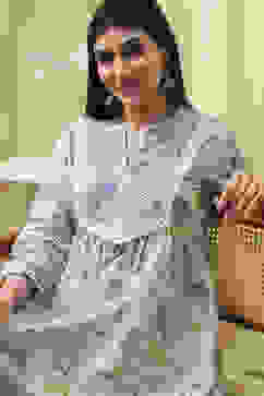 Ice Blue Cotton Floral Flared Short Kurta image number 0