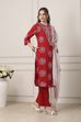 Red Cotton Floral Motifs Straight Suit Set image number 5