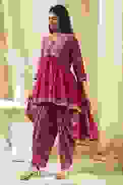 Fuchsia Viscose Floral Printed Peplum Suit Set image number 2