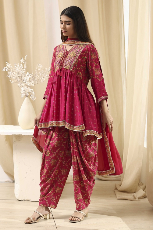 Fuchsia Viscose Floral Printed Peplum Suit Set image number 2