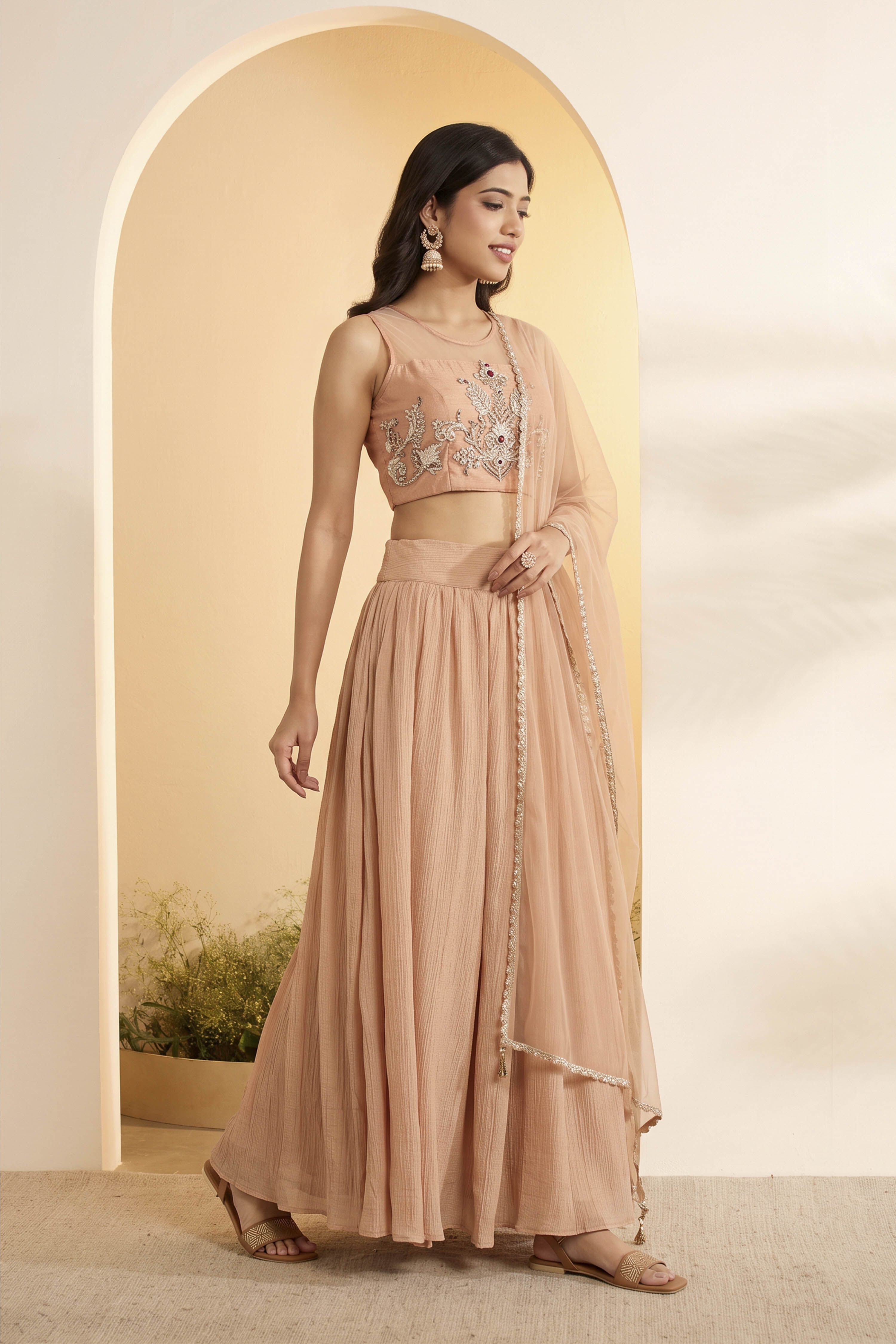 Peach Nylon Straight Lehenga Set image number 3