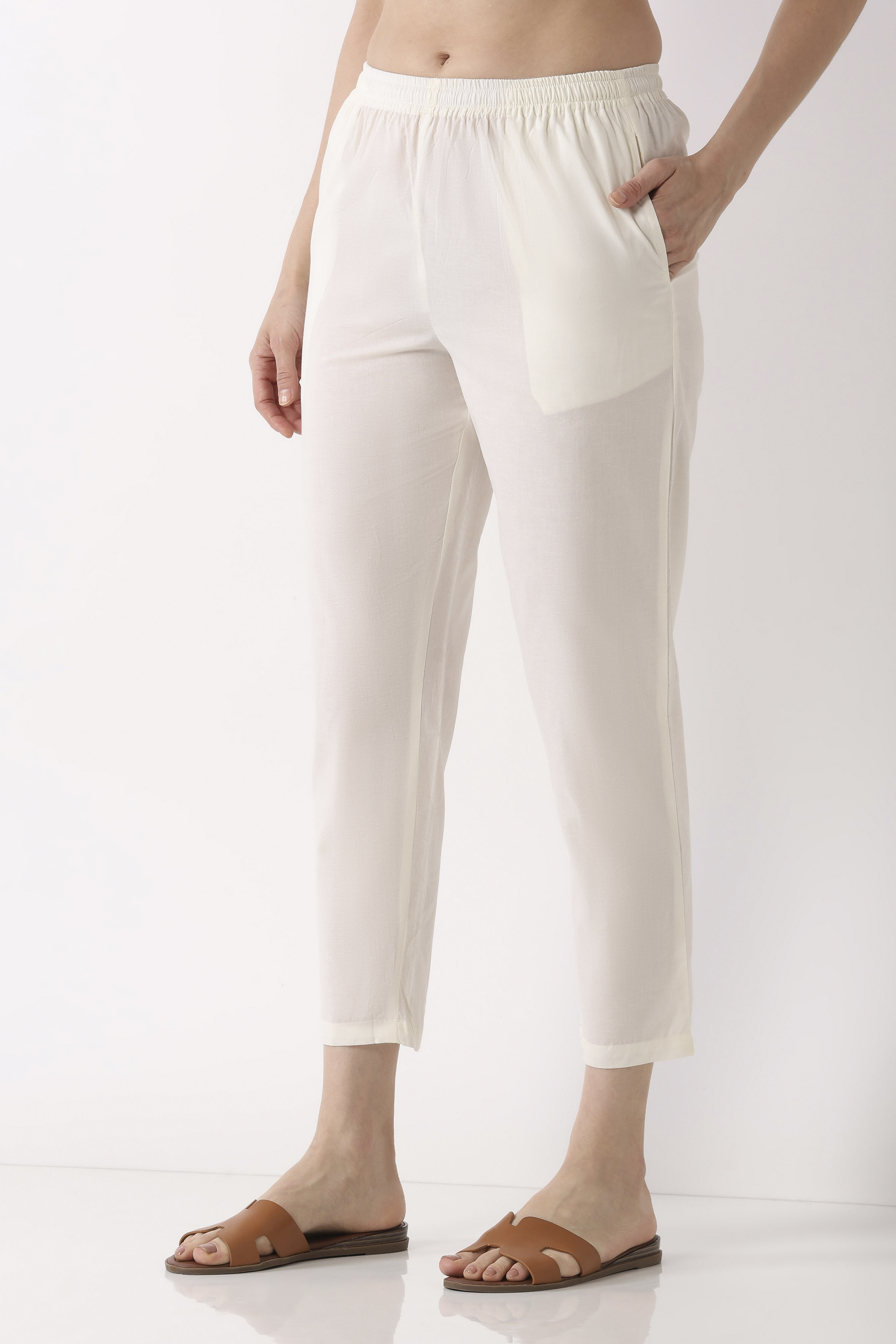 Off White Cotton Slim Pants image number 2