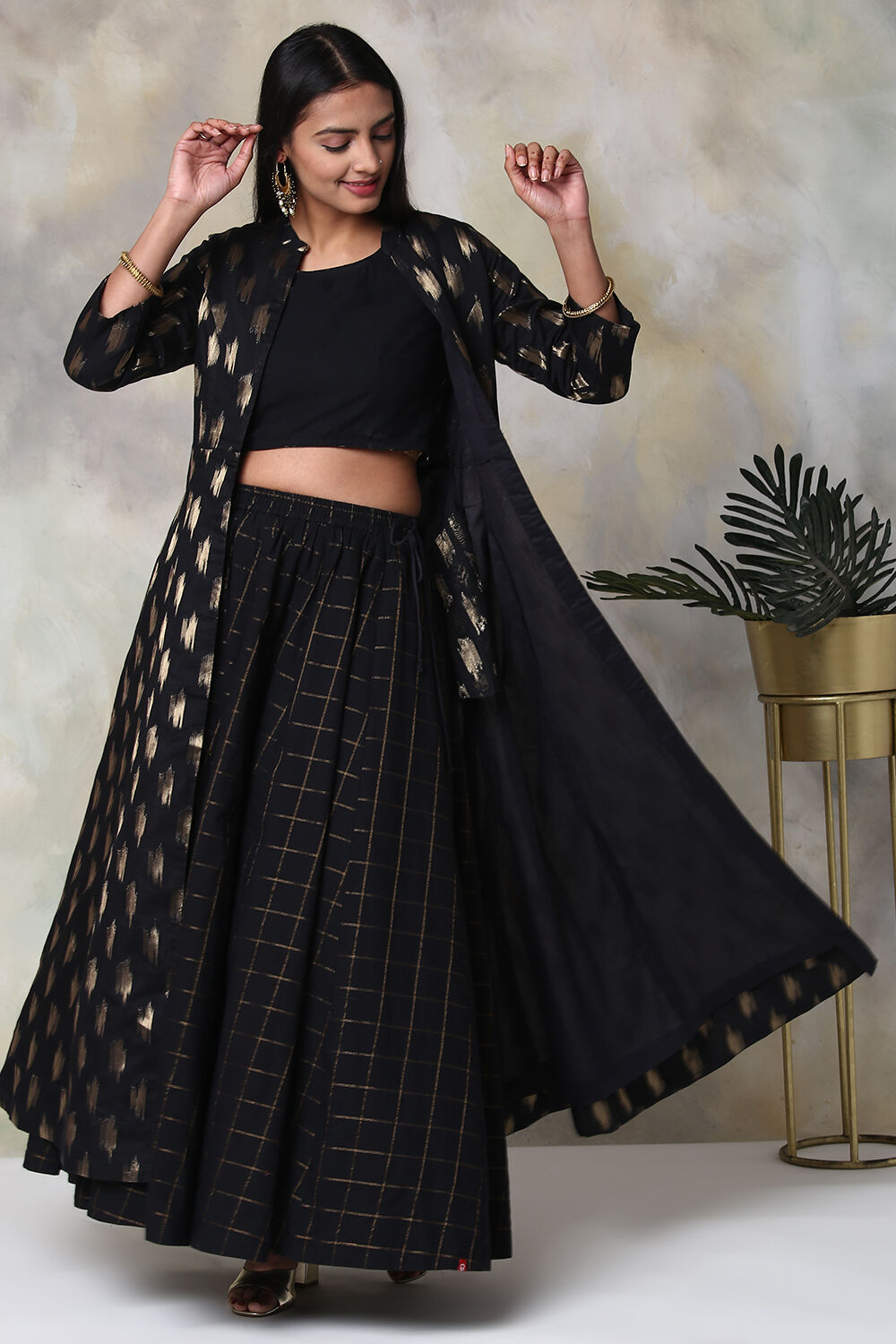Buy Black Cotton Three Piece Fusion Wear Set Online at Biba India