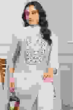 Off White Art Silk Straight Kurta Regular Pant Suit Set image number 6