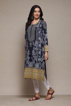 Navy Poly Cotton Straight Yarndyed Kurta image number 2