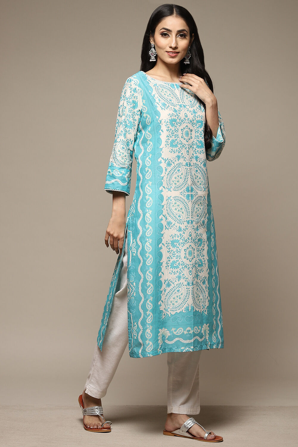 Blue Cotton Straight Printed Kurta image number 5