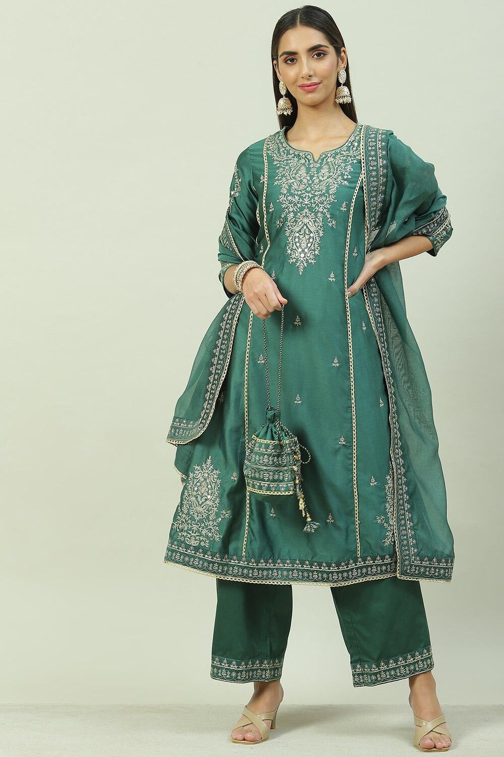Dark Green Cotton Blend A-Line Kurta Palazzo Suit Set image number 0