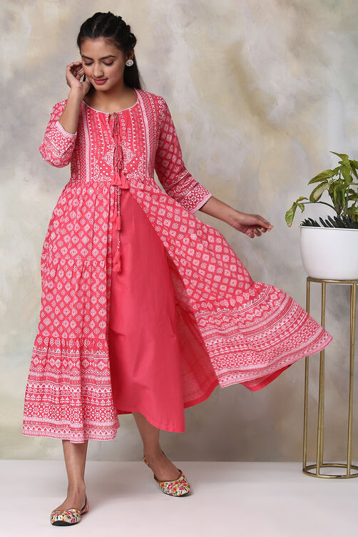 Yellow Cotton Double Layered Printed Kurta Dress image number 7