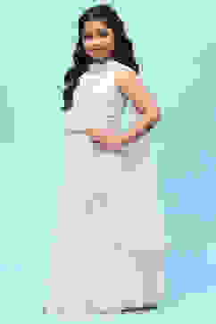 White Poly Chanderi Mirror Work Tiered Lehenga Set image number 4