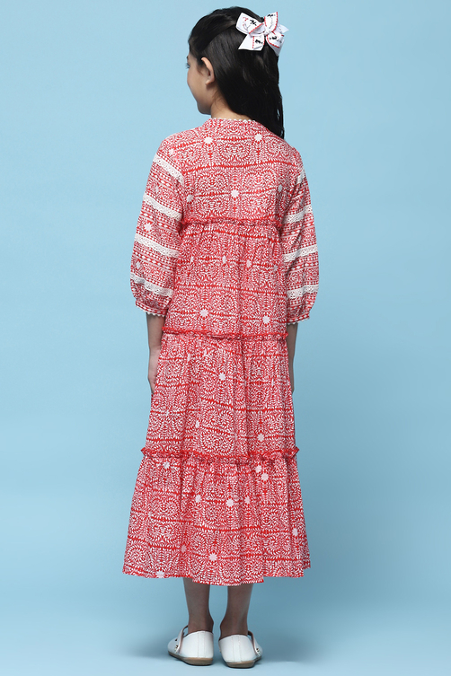 Red Printed Cambric Dress With Front Opening image number 3