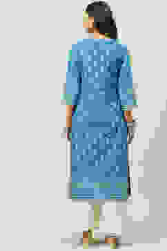 Blue Cotton Straight Kurta image number 4