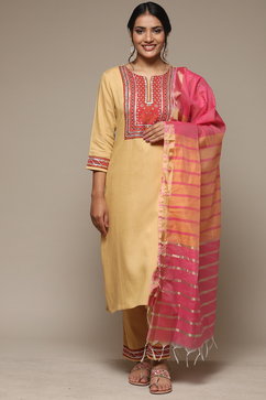 Beige Rayon Straight Kurta Pant Suit Set image number 7