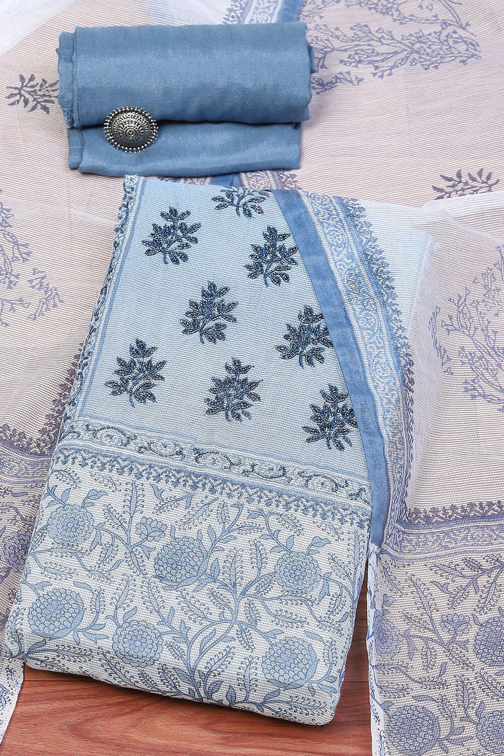 Blue Polyester Unstitched Suit set image number 0